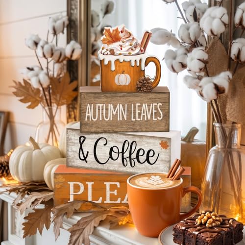 Lineshading 4 Pcs Fall Coffee Table Decor Fall Decoration for Home Wooden Stacked Block with Pumpkin Latte Topper Rustic Thanksgiving Tiered Tray Decor for Harvest Party Home Kitchen Coffee Bar - style: Autumn Leaves 2