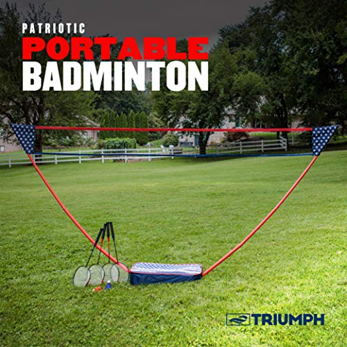 Triumph Patriotic Portable Badminton Set with Freestanding Net, 4 Rackets, 2 Shuttlecocks, and Carry Case – All-in-One Outdoor Game for Backyard, Beach, Camping, and Family Fun
