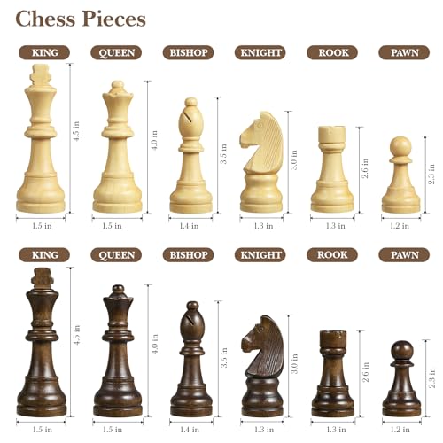 18.5" Wooden Chess Set with Handle,Chess Sets for Adults Kids Portable Folding Board Games with 4.5" King 2 Extra Queens,Handmade Weighted Large Pieces with Storage Slots