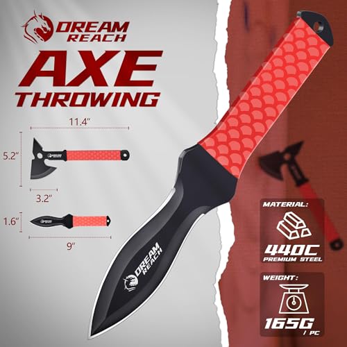 Dream Reach Throwing Axe Set - 6PCS Full Tang Throwing Hatchet with TPR Rubber Sleeve and Protective Sheaths for Recreation and Competition Game - color: Red Set of 6