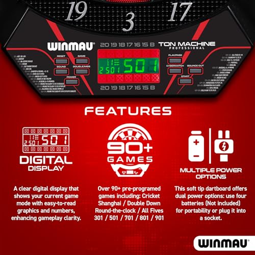 WINMAU Ton Machine Electronic Dartboard Set – Soft Tip Dart Board with 90+ Games, Digital Scoreboard & AI Play – 8 Player Multiplayer – Includes Darts, Tips & Throw Line