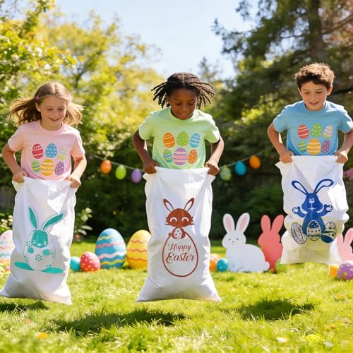 Easter Games for Kids Outdoor, Potato Sack Race Bags, Bunny Ears Headbands, Egg Spoon Relay Races, Legged Relay Race Bands for Easter Eggs Hunt Games