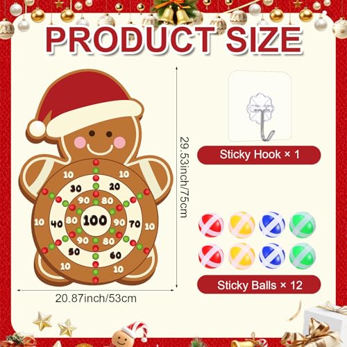 Gemscream 12 Pcs Christmas Game Christmas Dart Board Game Set with Large Gingerbread Man Dart Board Sticky Balls 20.87 × 29.53 inches for Merry Xmas Party Gift Decorations Family Games Indoor Outdoor