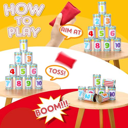 13 Pcs Carnival Can Game Bean Bag Toss Carnival Games with 10 Tin Cans and 3 Bean Bag for Easter Outdoor Family Party Birthday Indoors Outdoors Activities - style: Vivid Style