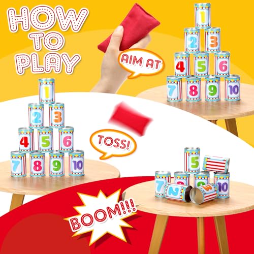 13 Pcs Carnival Can Game Bean Bag Toss Carnival Games with 10 Tin Cans and 3 Bean Bag for Easter Outdoor Family Party Birthday Indoors Outdoors Activities - style: Vivid Style