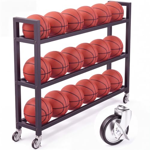 Colingmill Heavy Duty Basketball Rack with Wheels, Multi-Tier Rolling Ball Storage Cart, Sports Equipment Organizer for School, Gym, Club Shoot Training - size: 18ball