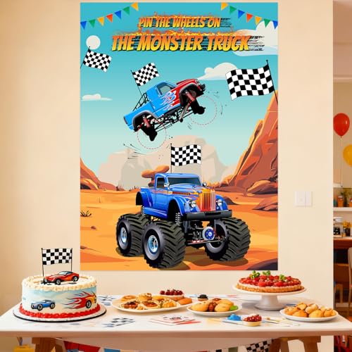 PLULON Pin The Wheels on The Truck Party Game for Kids, Birthday Pin The Tail Games Big Poster with Tyres Stickers for Car Theme Party Favors Decorations Boys Birthday Party Supplies - style: Truck