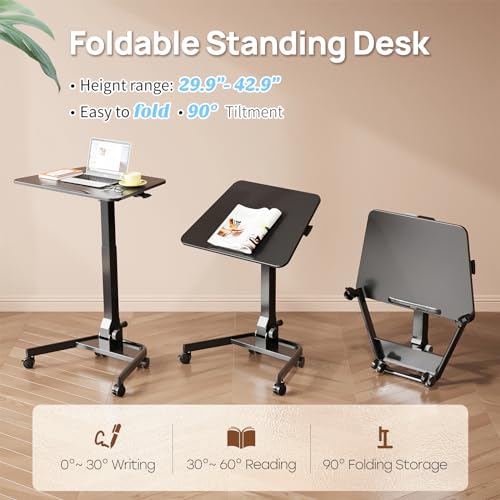 Foldable Mobile Standing Desk, Pneumatic Height Adjustable Rolling Sit Stand Desk, 90° Tiltable Portable Laptop Cart on Wheels, Mobile Desk Workstation for Home Office, Easy to Fold - color: Black