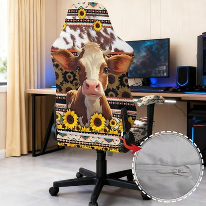 Suobstales Cow Sunflower Aztec American Tribal Pattern Gaming Chair Covers with Armrest Covers, Elastic Computer Chair Slipcovers Stretchable Washable Gaming Chair Seat Cover - color: Cow Sunflower Aztec American Tribal