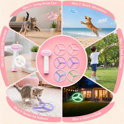 Cat Fetch Toy Launcher,Flying Disc Launcher Toy Rechargeable with 6 Flying Discs and 8 Coil Spring Toys,Flying Cat Toy Disc Launcher for Kitten Dog Playing Interactive Hunting Tracking Toys,Pink - color: Pink