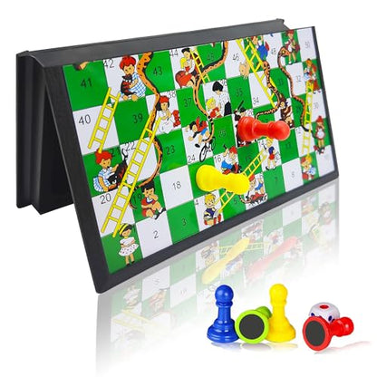 KIDAMI Mini Magnetic Snakes and Ladders Board Game Set, Folding Portable Design and Light-Weight, Travel Game Set Gift for Kids Toddlers (7.64 × 7.64 inches) - color: Snakes & Ladders