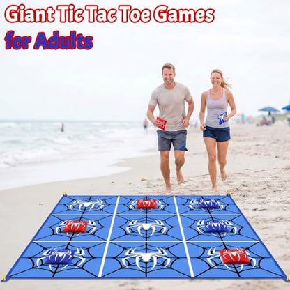 2-in-1 Giant Tic Tac Toe Game Bean Bag Toss Outdoor Games, 4.5FT Spider Tic Tac Toe Game with 10 Pcs Bean Bags, Outside Games for Adults and Family Lawn Yard Carnival Field Day Camping Party - color: Red Blue