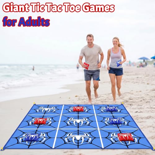 2-in-1 Giant Tic Tac Toe Game Bean Bag Toss Outdoor Games, 4.5FT Spider Tic Tac Toe Game with 10 Pcs Bean Bags, Outside Games for Adults and Family Lawn Yard Carnival Field Day Camping Party - color: Red Blue