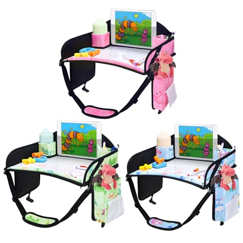 Kids Travel Tray, 3PCS Car Seat Tray for kids Travel, Toddler Road Trip Essentials With Drawing Kit, Toddler Lap Desk Organizer for Car, Carseat Table for Airplane - color: Green/Blue/Light Pink-3 PCS