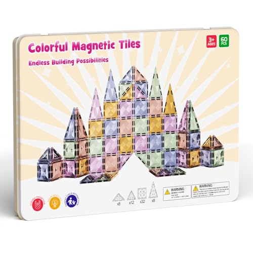 Magnetic Tiles for Kids Ages 4-8, Magnetic Blocks Travel Set with Diamond Surface & Metal Storage Box, 60PCS STEM Learning Toys, Educational Building Gifts for 3-8 Year Olds - style: Medium Magnetic Tiles - 60PCS