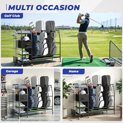 Golf Bag Organizer Storage Rack, Rolling Golf Storage Organizer for Garage, Golf Equipment Holder with Wheels, Turf Mat, Carbon Steel - size: 51.18 in (L) x 15.8 in (W) x 37.4 in (H）