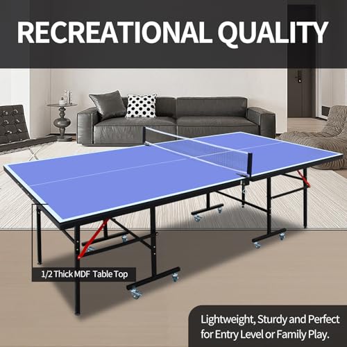 MDF Indoor Table Tennis Table w/Quick Clamp Ping Pong Net - Foldable Ping Pong Table Portable for Indoor Games with Net - Easy Assembly, 2 Table Tennis Paddles and 3 Balls