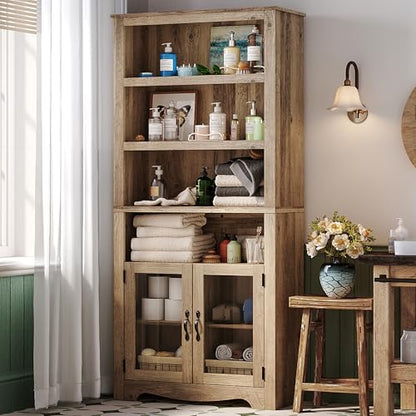 LINSY Bookshelf with Doors, 6 Shelf Bookcase Tall Bookshelves, 73" Farmhouse Book Shelf with Storage Cabinet, Wood Book Shelves for Living Room, Bedroom, Office, Rustic Brown - color: Brown