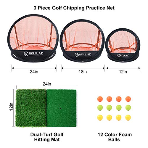 RELILAC Pop Up Golf Chipping Practice Net Set - Indoor/Outdoor Golfing Target Accessories for Golf Practice - Improve Your Short Game - Gifts for Men, Dad, Mom, Husband, Women, Kid, Golfers - style: Net + Mat + 12Balls