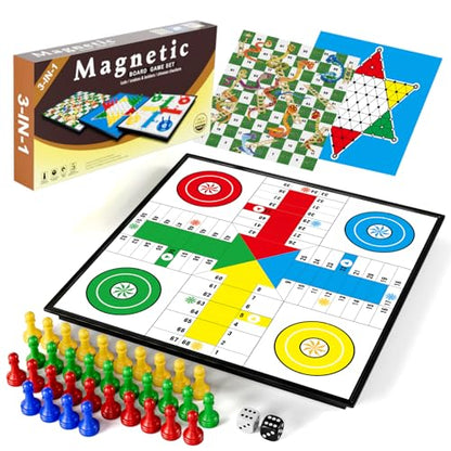 3 in 1 Magnetic Board Games Set for Kids Adults - Classic Travel Game Set with Chinese Checkers, Ludo, Snakes and Ladders, Educational Family Strategy Game with Folding 12.4 Inches Board & Piece