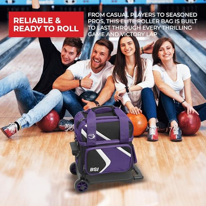 BSI Dash Roller Bowling Bag with Smooth Rolling Wheels, Padded Ball Compartment, Retractable Locking Handle, & Shoe Pocket - color: Black/Purple/White, style: Single