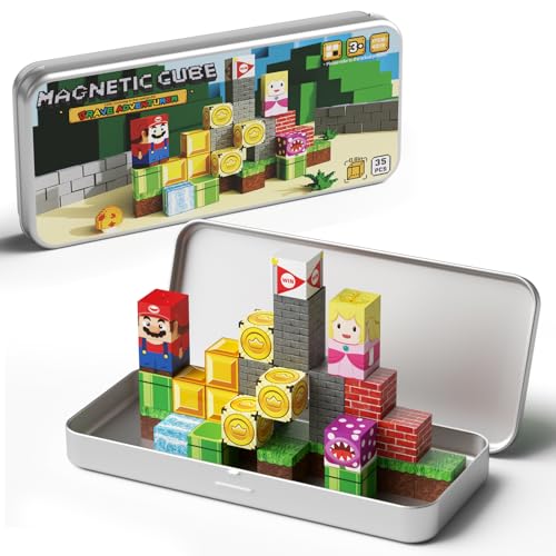 Magnetic Building Blocks Travel Toys for Kids Ages 4-8, Toddler Magnetic Cubes STEM Learning Set with Iron Storage Box – Portable Construction Toys for Boys Girls 3-5 - style: Game Mini Magnetic Building Blocks - 35PCS