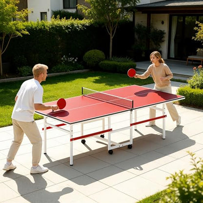 8FT Table Tennis Table with Net, Indoor/Outdoor Professional Ping Pong Table for Kids Adults, Folding Ping Pong Table, Complete Set with Paddles and Balls, School Playground Game Table - color: Red