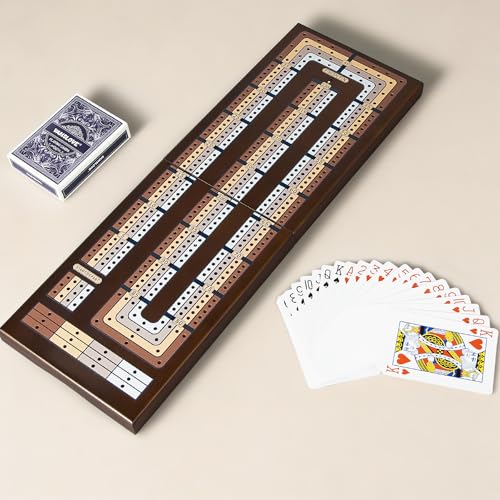 VAMSLOVE Upgraded Wooden 4-Track Cribbage Board Game 16 inches Foldable Magnetic Scoreboard with Large Slot for Storing 1 Playing Card and 12 Metal Pegs, Travel Family Game Night Instruction Included