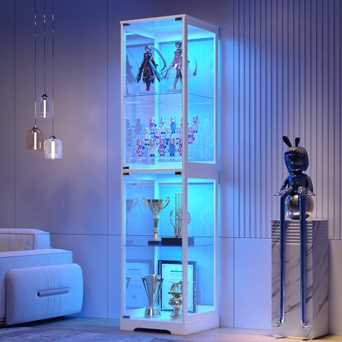 Glass Display Cabinet with Doors, 65" Tall 4-Tier Curio Display Case with 3 Color Lights and Human Body Sensor, Bookcase for Collectibles, White - color: 97094-white