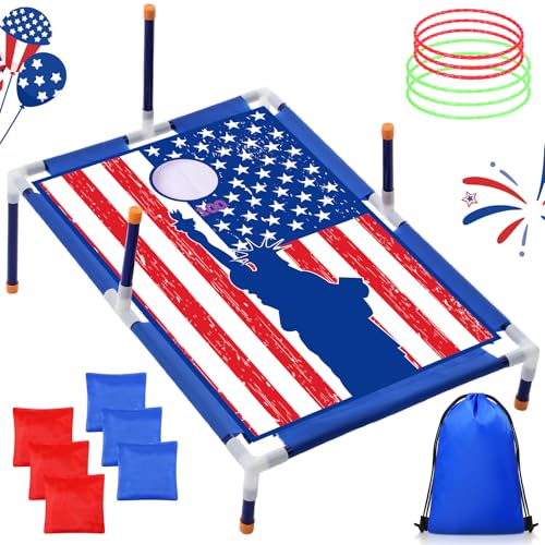 Leitee 4th of July 2 in 1 Bean Bags Toss Game American Flag Cornhole Bean Bags Patriotic Ring Toss Game Kids Patriotic Cornhole Games Set Independence Day Party Games Ideal for Ages 4-8 Toddlers