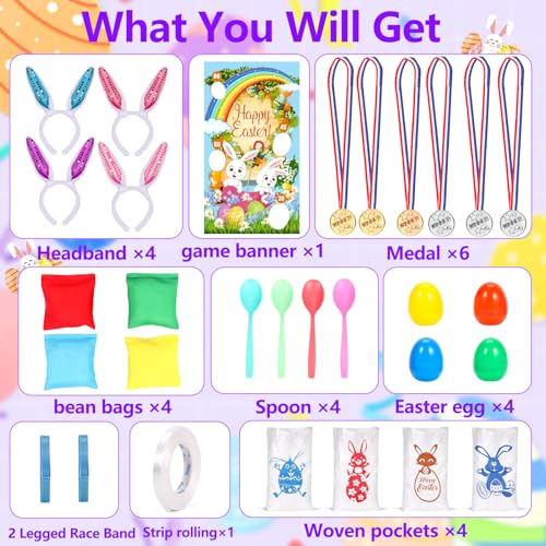 Atonofun Easter Outdoor Party Games for Kids, Potato Sack Race Jumping Bags, Bunny Ears Headbands, Egg and Spoon Race, Legged Relay Race Bands for Easter Theme Party Favor, Easter Eggs Hunt Game