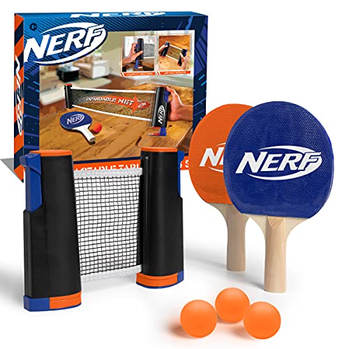 NERF 7-Piece Retractable Tabletop Tennis Game Set, Play Almost Anywhere with Expandable Net, 2 Paddles and 3 Balls, Includes Convenient Portable Drawstring Bag, Birthday & Father’s Day Gift