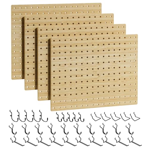 VOIMO Bamboo Peg Board, Eco-Friendly Pegboard Organizer Set with 35 Hooks – Wall Mounted Storage Rack for Kitchen, Tools, Crafts, Garage & Office – Pegboards System for Home Organization - size: 16'' X 12'' (4 Panels)