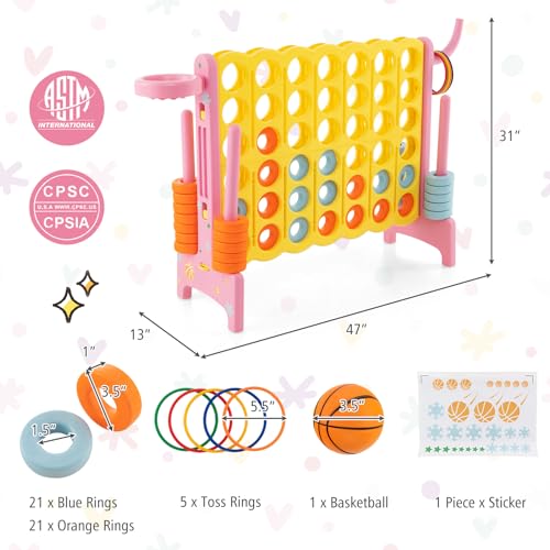 KOTEK Giant 4-in-a-Row Game, Jumbo 4-to-Score Family Game w/Quick-Release Sliders, 42 Rings, Ring Toss & Basketball Hoop, Connect Yard Games Outdoor for Kids & Adults (with Carrying Bag,Pink)
