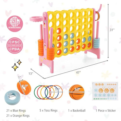 KOTEK Giant 4-in-a-Row Game, Jumbo 4-to-Score Family Game w/Quick-Release Sliders, 42 Rings, Ring Toss & Basketball Hoop, Connect Yard Games Outdoor for Kids & Adults (with Carrying Bag,Pink)