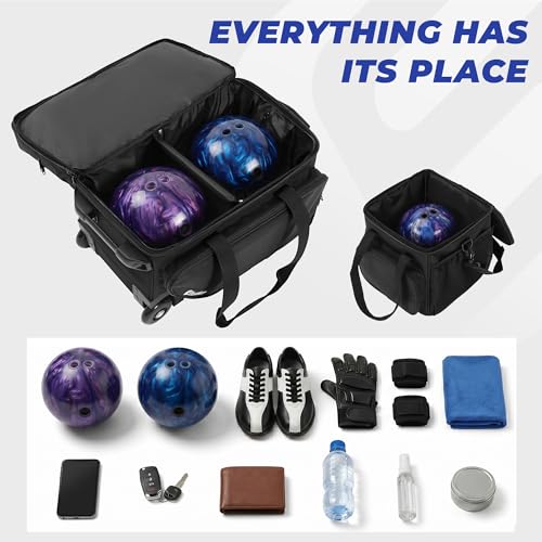 Bowling Roller Bag with Wheels, Rolling Bowling Ball Bag with Shoe Compartment, Retractable Handle, EVA Dividers - color: Black, size: Bowling Bag Set