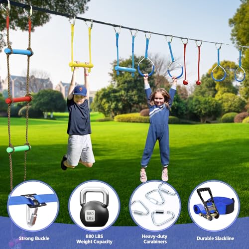 Ninja Warrior Obstacle Course for Kids,2×56ft Slackline Kit with 10 Ninja Accessories - Monkey Bar,Rope Ladder,Gymnastic Ring,Arm Trainer and Monkey Fist+Fast-Setup Buckles,Supports 880 lbs - size: 10 Obstacles