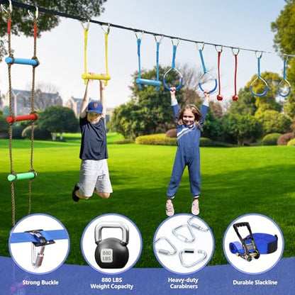 Ninja Warrior Obstacle Course for Kids,2×56ft Slackline Kit with 10 Ninja Accessories - Monkey Bar,Rope Ladder,Gymnastic Ring,Arm Trainer and Monkey Fist+Fast-Setup Buckles,Supports 880 lbs - size: 10 Obstacles