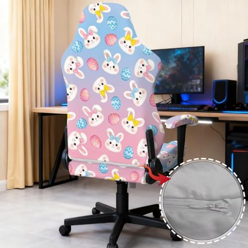 Ergonomic Office Chair Cover with Armrest Covers Fade-Resistant Fabric Stretch Easter Decor Reclining Racing Gaming Chair Slipcovers with Zipper, Bunny Easter Eggs Blue Pink Gradient - color: Bunny Easter Eggs Blue Pink Gradient