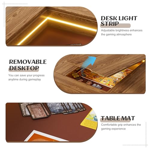 PAKASEPT Board Game Table with Removable Table Top, Gaming Table with LED Lights, Seats 4 to 6 Players with Detachable Hobby Tray for Card Games, DND, Poker, Building Blocks