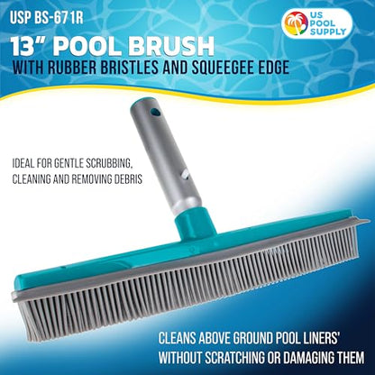 U.S. Pool Supply 13" Pool Brush with Rubber Bristles and Squeegee Edge - Safe for Vinyl Liners, Ideal for Above-Ground Pools, Aluminum Pole Handle - Scrub Leaves Debris from Walls, Floors, Corners - style: 13" Rubber Bristles
