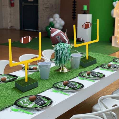 Kathfly 21 Pcs Football Party Goal Post Decoration Kit Centerpieces Include Mini Football Paper Artificial Grass Mats Elastic Rope Wooden Round Base for Sport Birthday Party Supplies