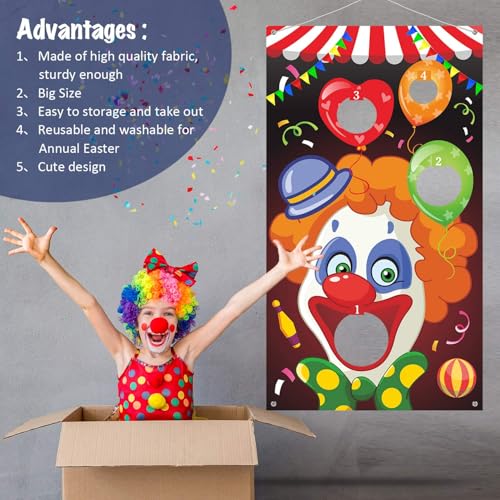 Blulu Carnival Toss Games Banner with 3 Bean Bags Halloween Carnival Game for Kids and Adults Circus Theme Party Decorations for Birthday Family Fun Throwing Indoor Outdoor - style: Clown