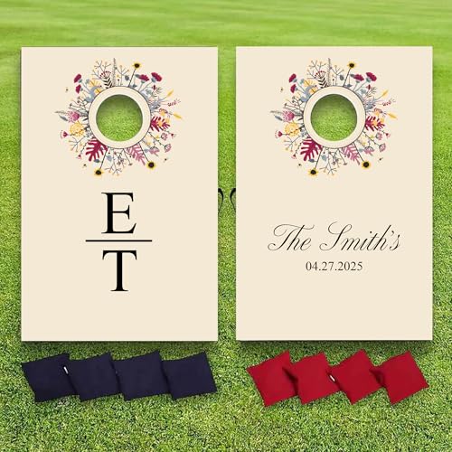 Custom Wedding Cornhole Set Flower Ring with Personalized Name and Wedding Date - Wedding Reception Games