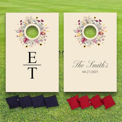 Custom Wedding Cornhole Set Flower Ring with Personalized Name and Wedding Date - Wedding Reception Games