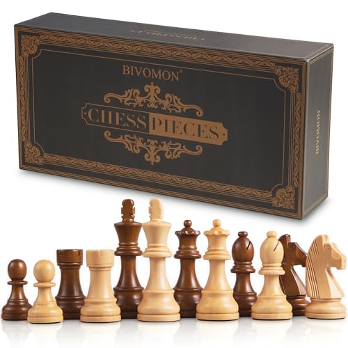 BIVOMON Wooden Chess Pieces Only-Heavy Weighted Tournament Chessmen with 2 Extra Queens-King Height 3.8 inch-Replacement of Missing Pieces-Exquisite Packaging