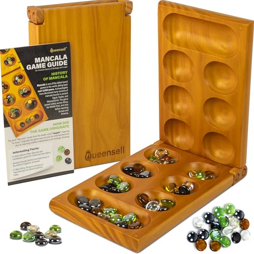 Mancala Board Game for Kids and Adults – Wooden Folding Mancala Set with Magnetic Lock and 56 Stones – Classic Strategy Board Game Travel Size