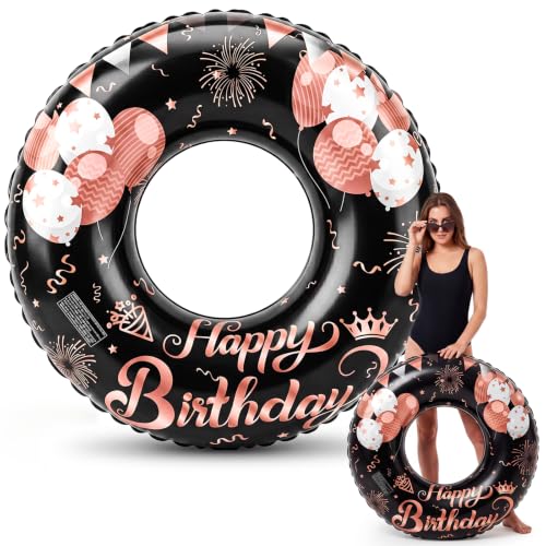1 Pcs Happy Birthday Inflatable Pool Float Tube 47.24 Inches Jumbo Swim Ring Birthday Party Swimming Pool Float Summer Water Decorations Party Supplies for Adults - color: Black Pink