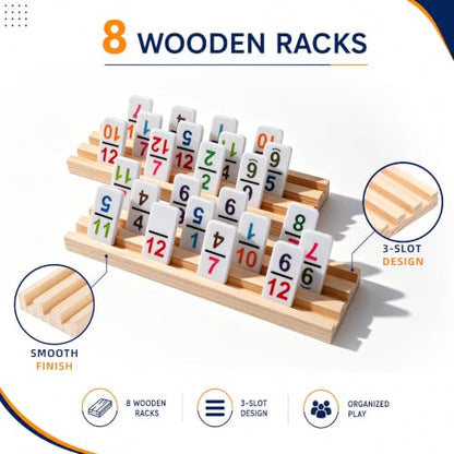 Mexican Train Dominoes Set Double 12 Number Domino Tiles, 91 Colorful Number Dominos Tiles with 8 Wooden Racks, Hub & Trains, Portable Domino Game Set for Adults Kids Families - style: Double 12 Number + 8 Racks