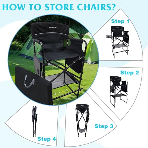 Tall Folding Director Chair 30.7" Seat Height Foldable Bar Stool for Makeup Artist Face Painting with Side Table Carry Bag and Cosmetic Bag Supports 350LBS - color: Black-padded